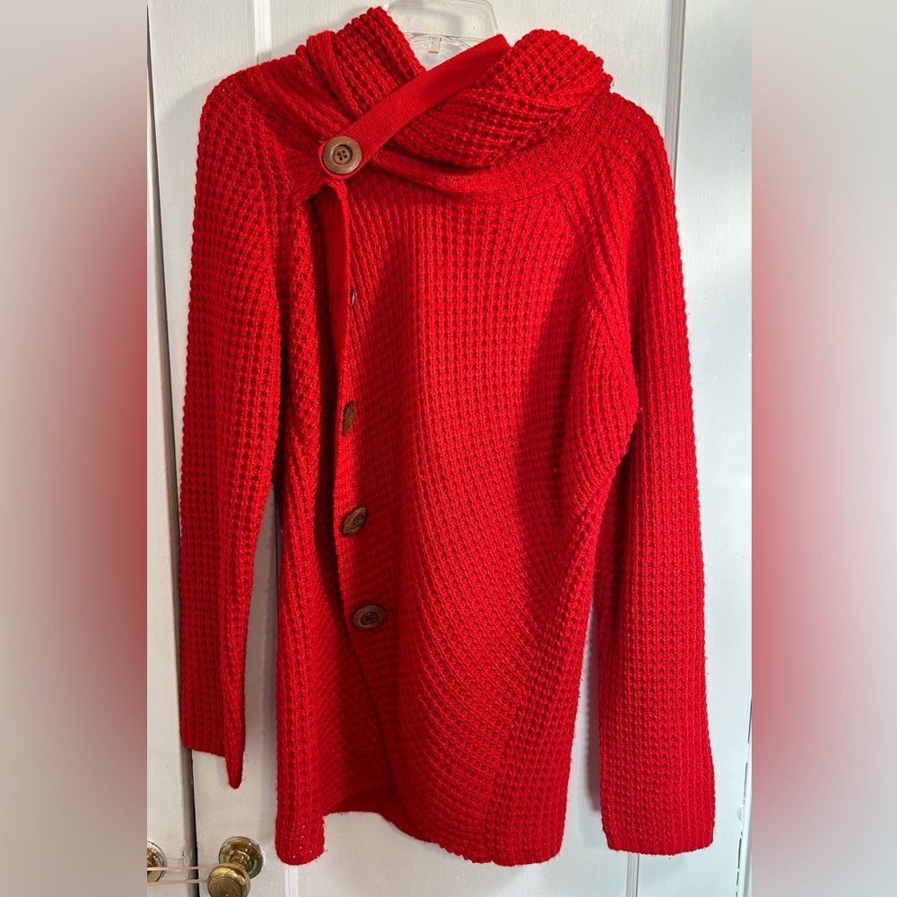 Grecerelle Women’s Large Red Cowl Neck Sweater Bulky Knit Comfy & Chic
